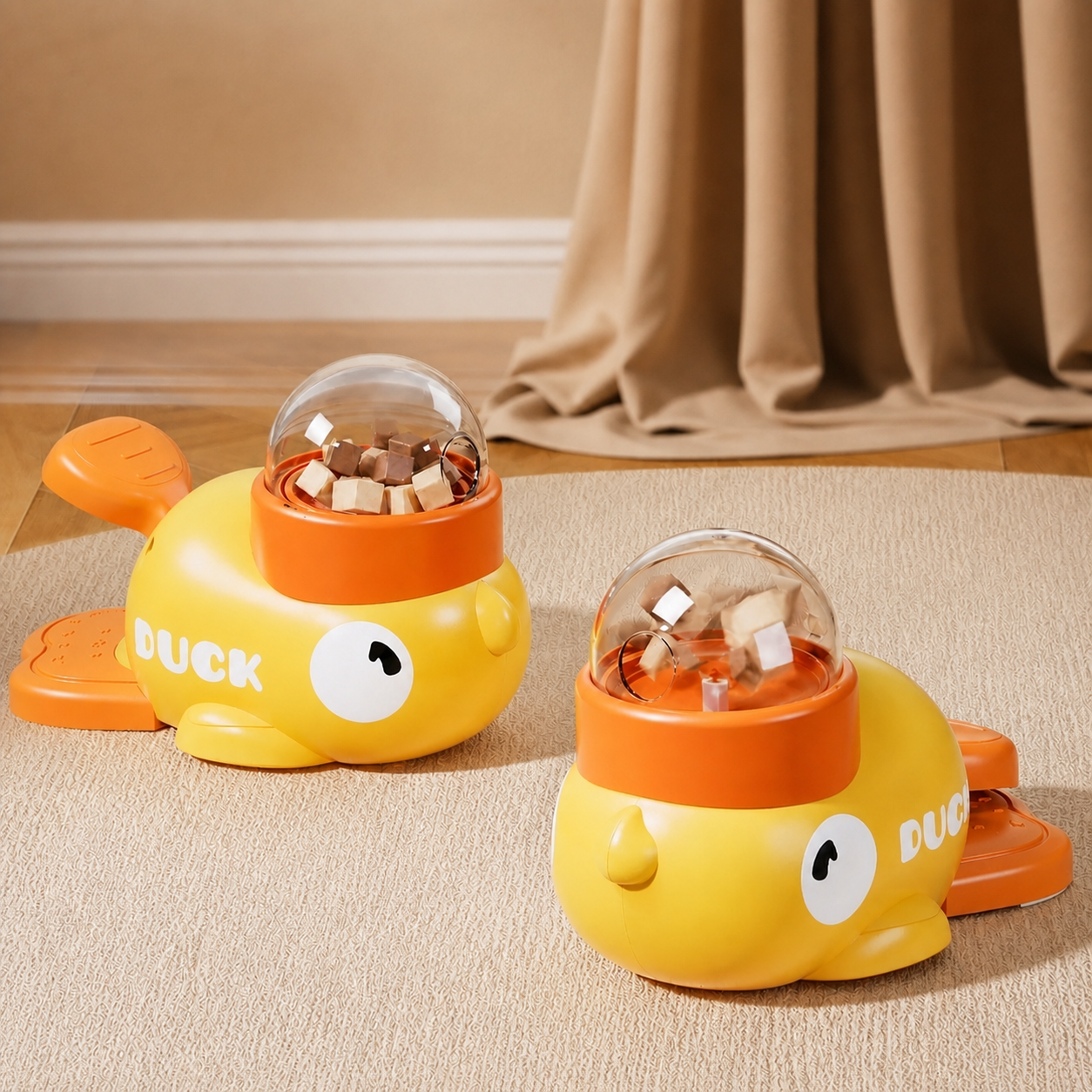 Two WonderPaws interactive duck food dispensers in a warm home