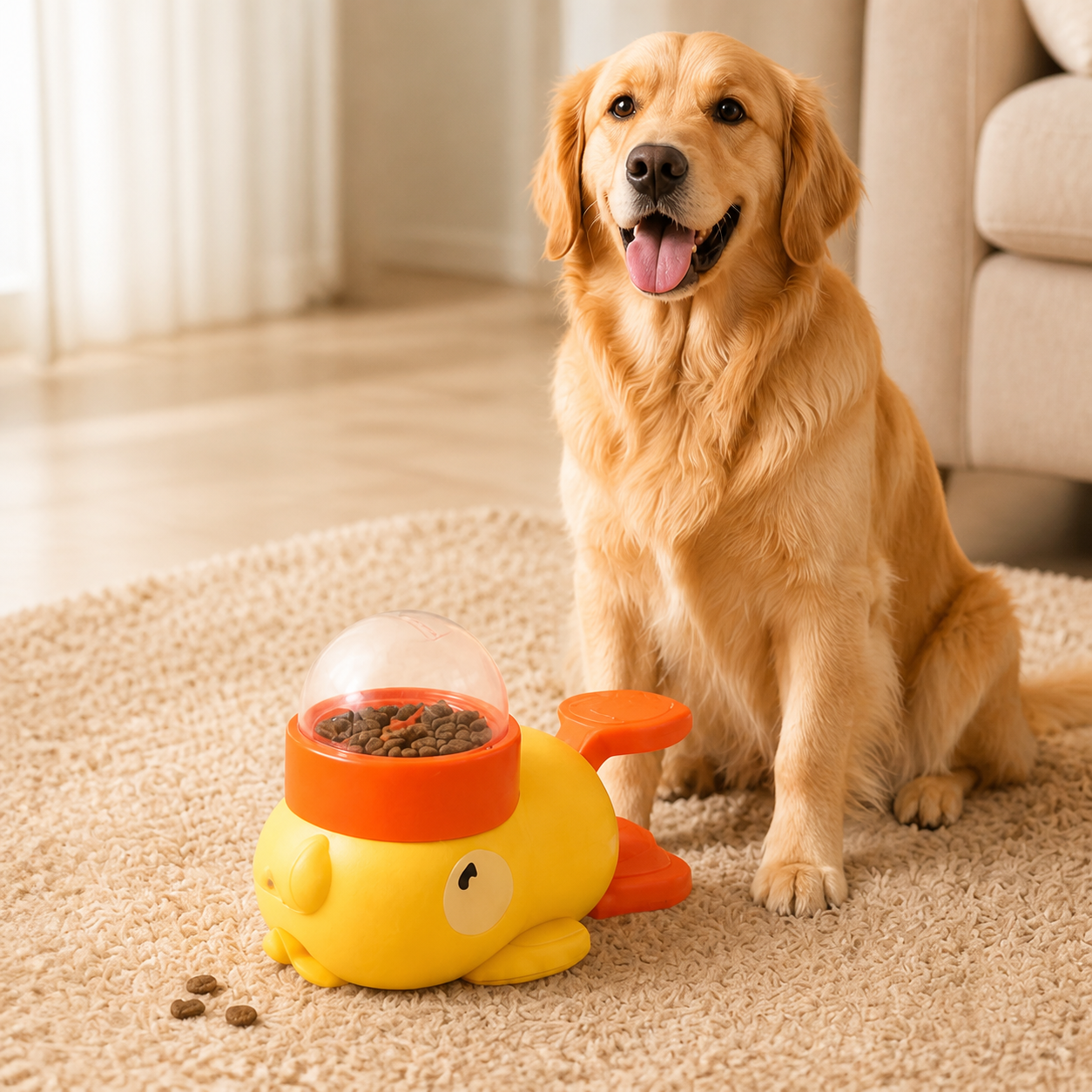 A golden retriever with an interactive duck feeder
